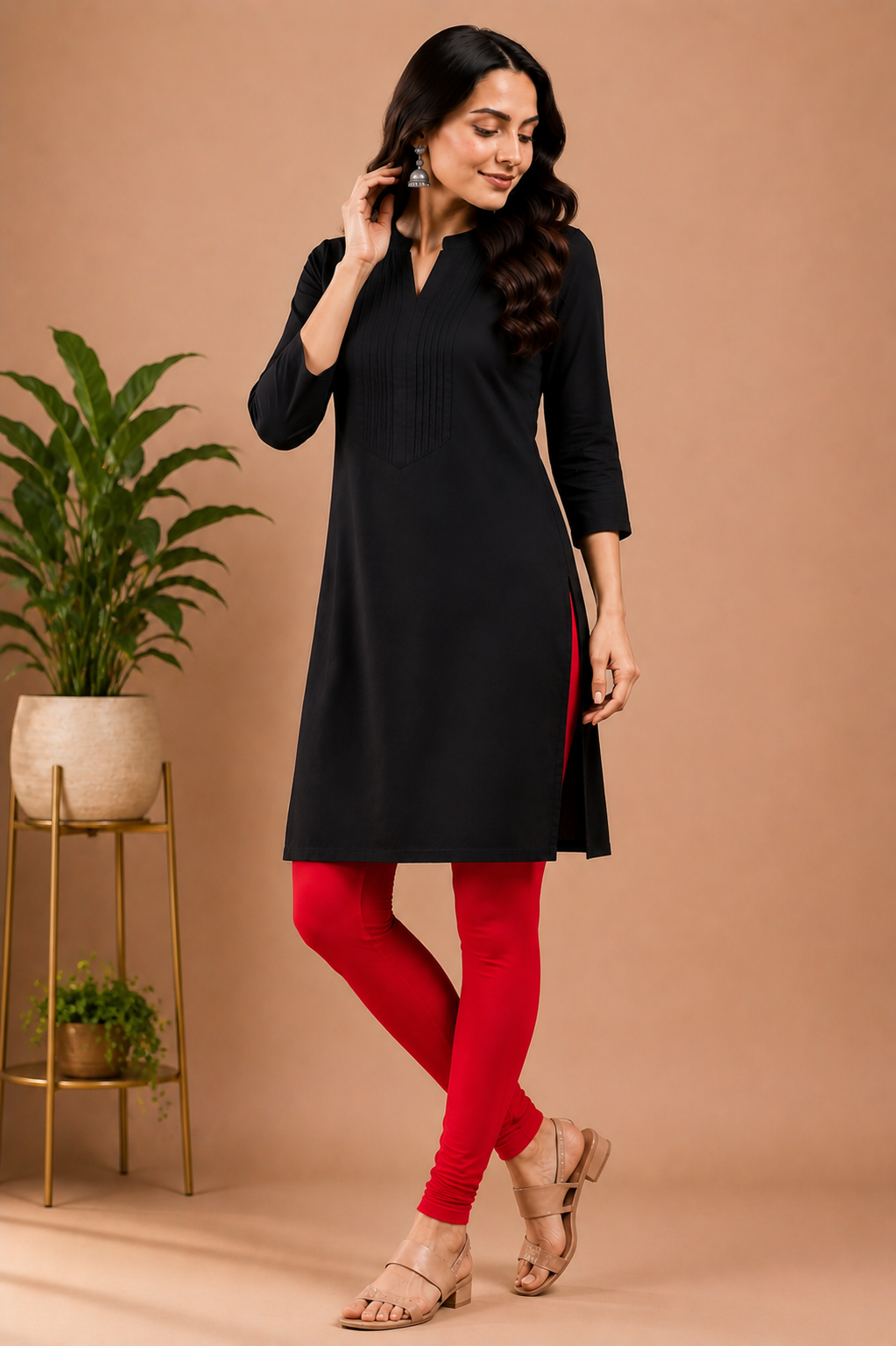 Women's Full Length Everyday Comfort Leggings - Red | Soft Stretch Elastic Waist